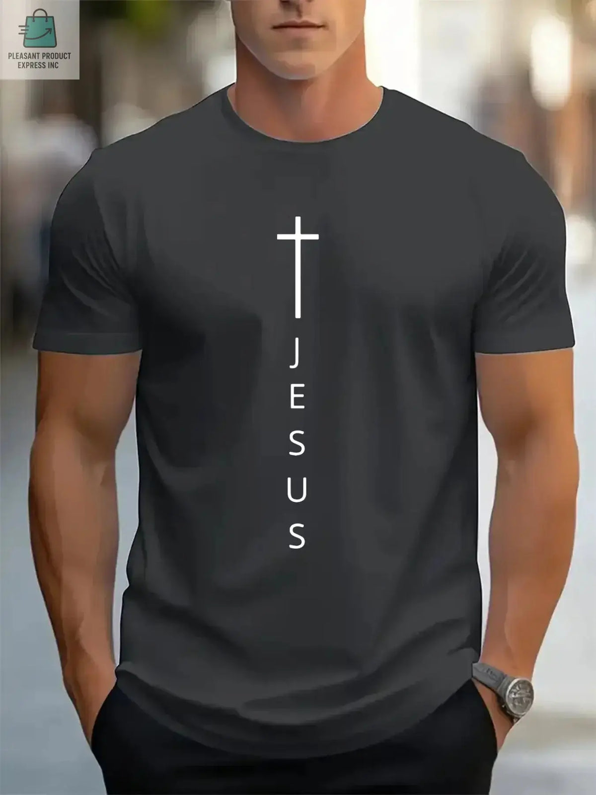 Men's Cross and Jesus Letter Printed Sports Round Neck Short Sleeve T-shirtPleasant Product