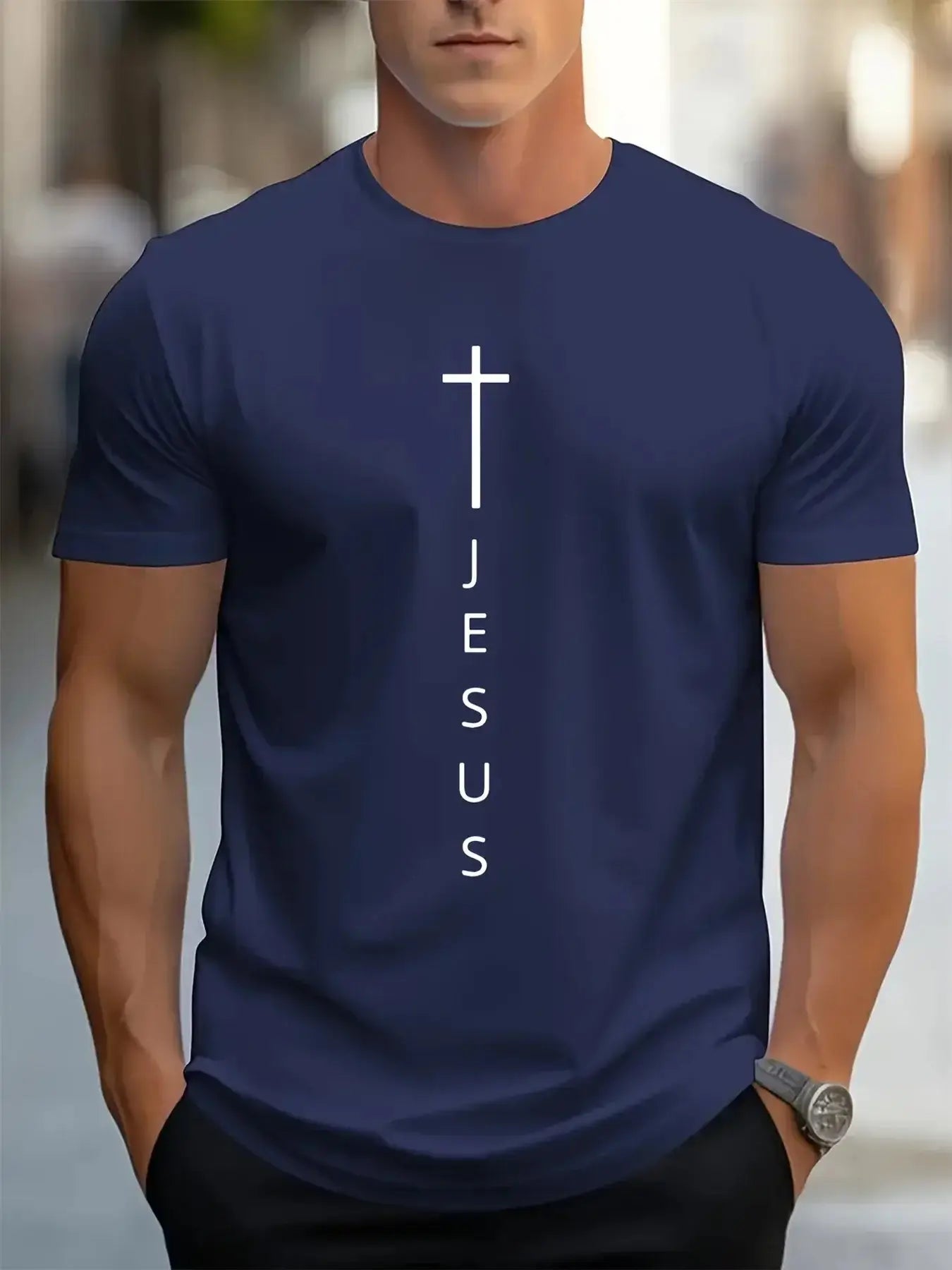Men's Cross and Jesus Letter Printed Sports Round Neck Short Sleeve T-shirtPleasant Product