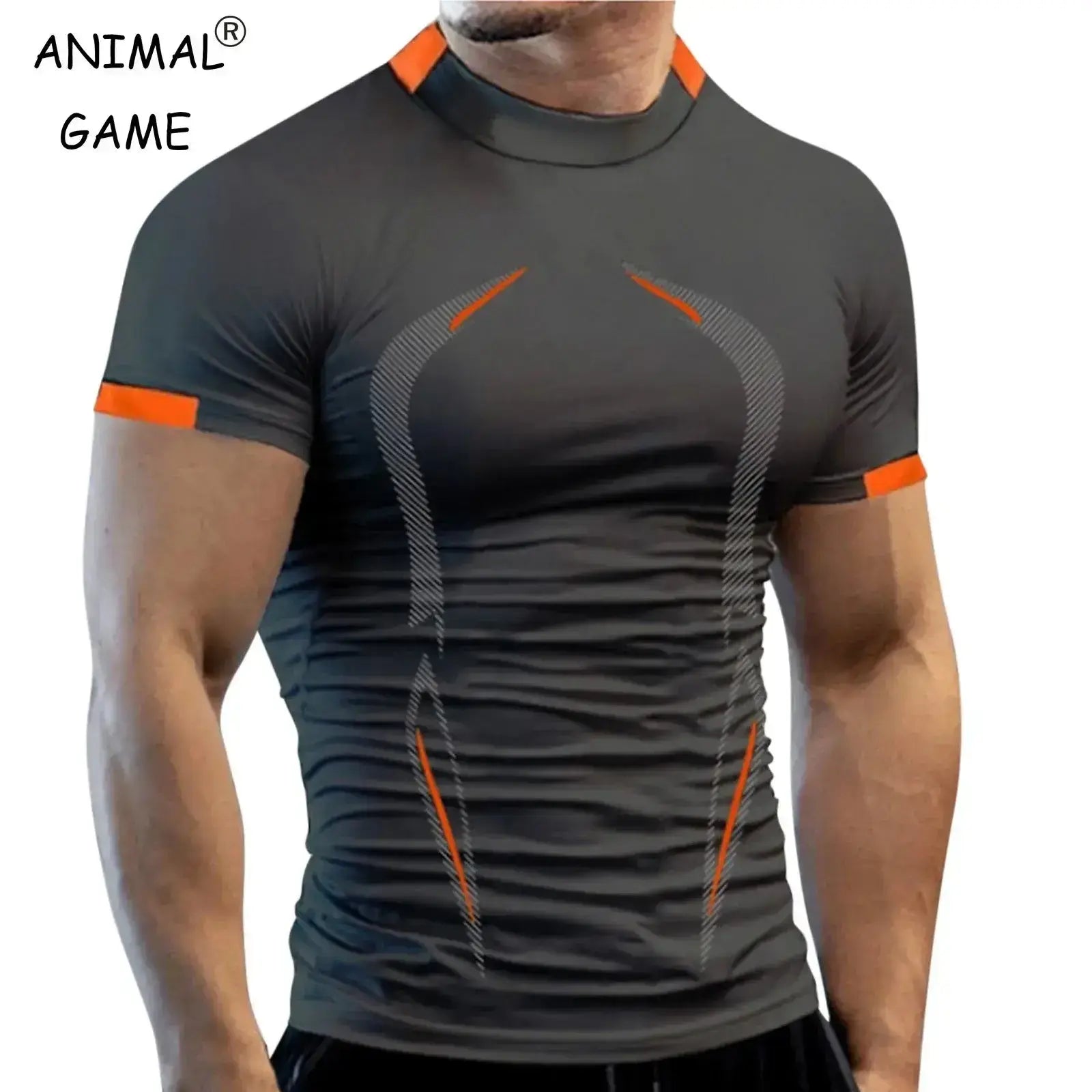 Men's summer breathable casual gym t-shirt with O-neck, short sleeves, and orange accents designed for comfort and style