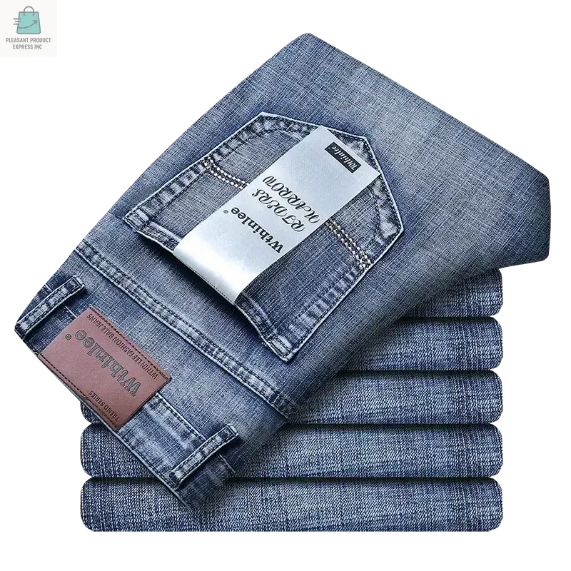 Men's casual straight stretch jeans in fashionable blue black folded with Withinlee brand label visible