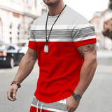 Men's casual t-shirt with red and white color block design and black stripes, short sleeves, crew neck, worn outdoors.