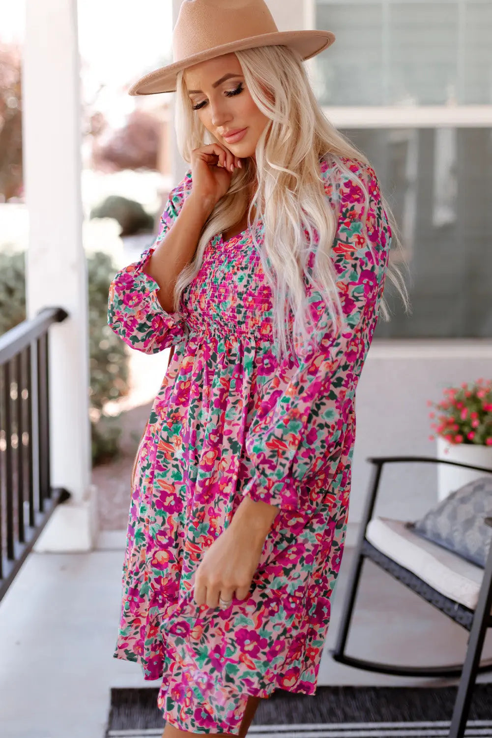 Mikaela Smocked V Neck Puffy Sleeve Floral Dress-2