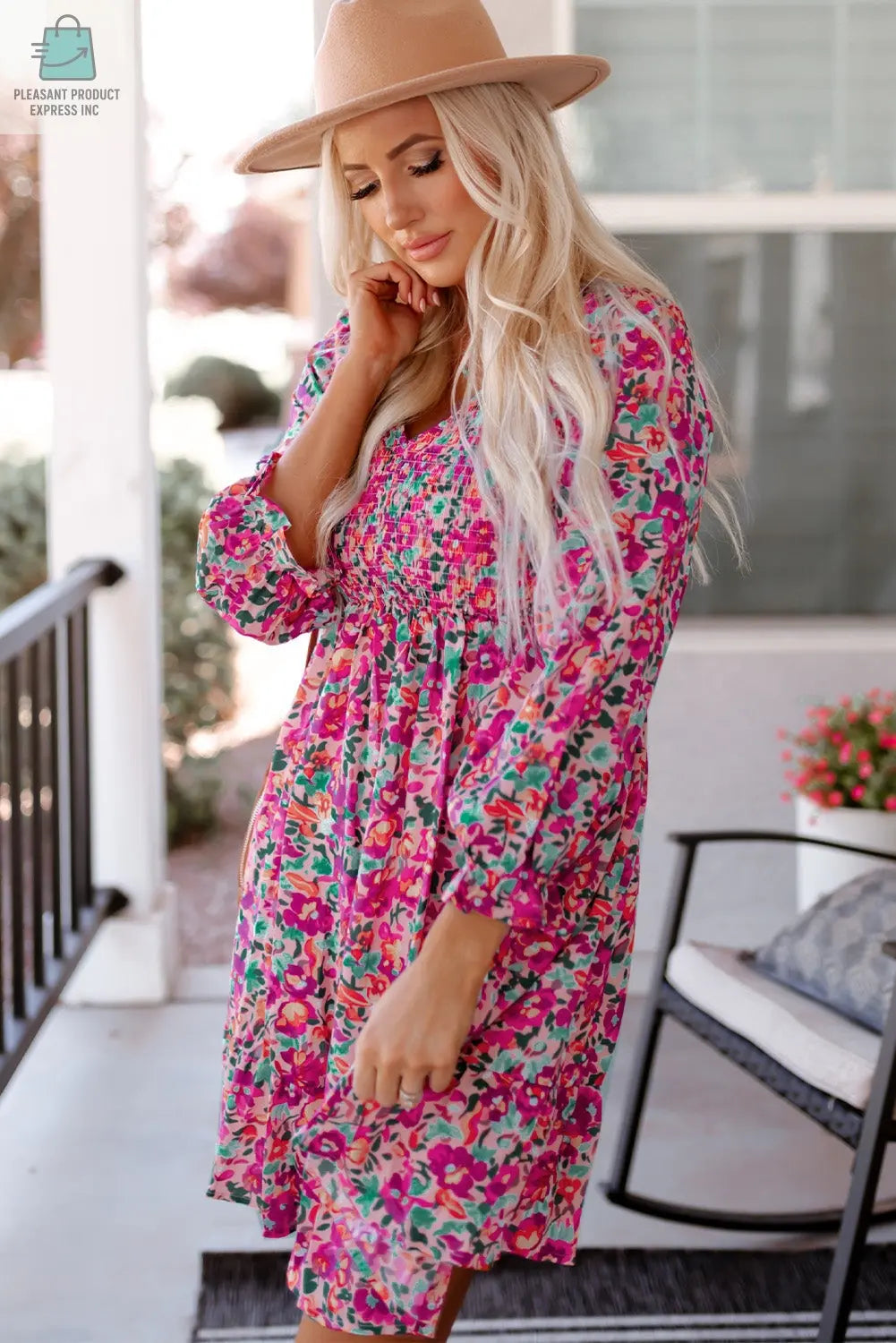 Mikaela Smocked V Neck Puffy Sleeve Floral Dress-2