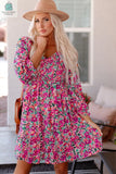Mikaela Smocked V Neck Puffy Sleeve Floral Dress-3
