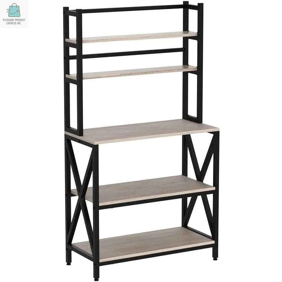 Modern Black Metal Grey Wood Bakers Rack Microwave Stand Kitchen Shelving Unit-1