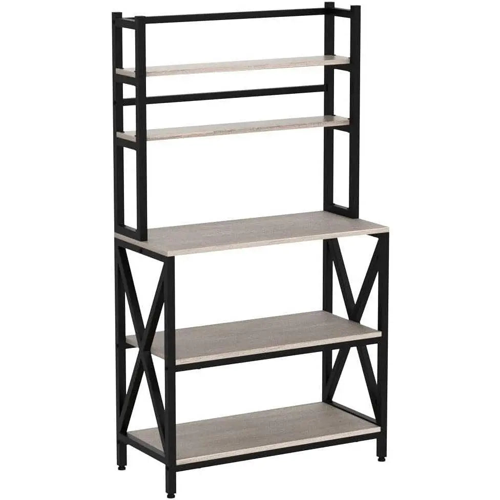 Modern Black Metal Grey Wood Bakers Rack Microwave Stand Kitchen Shelving Unit-1