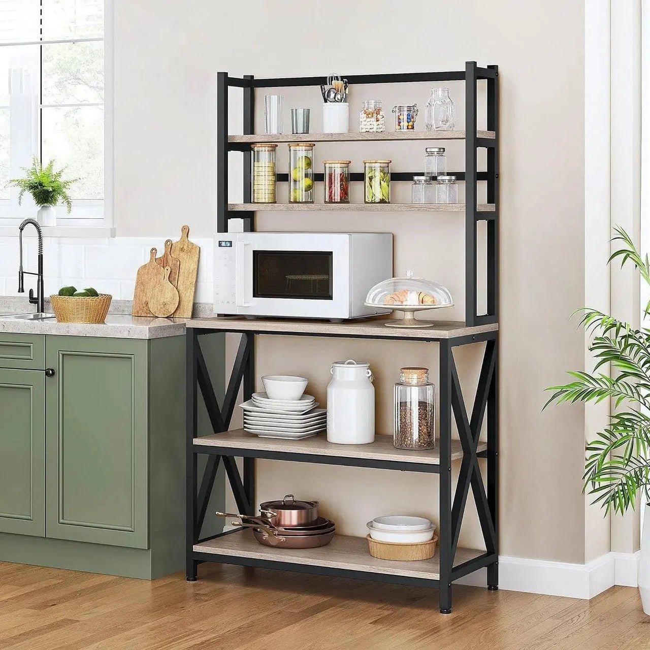 Modern Black Metal Grey Wood Bakers Rack Microwave Stand Kitchen Shelving Unit-2
