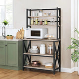 Modern Black Metal Grey Wood Bakers Rack Microwave Stand Kitchen Shelving Unit-2