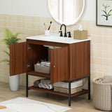 Modern Freestanding Bathroom Vanity in Walnut Wood Finish with Sink and Faucet-0