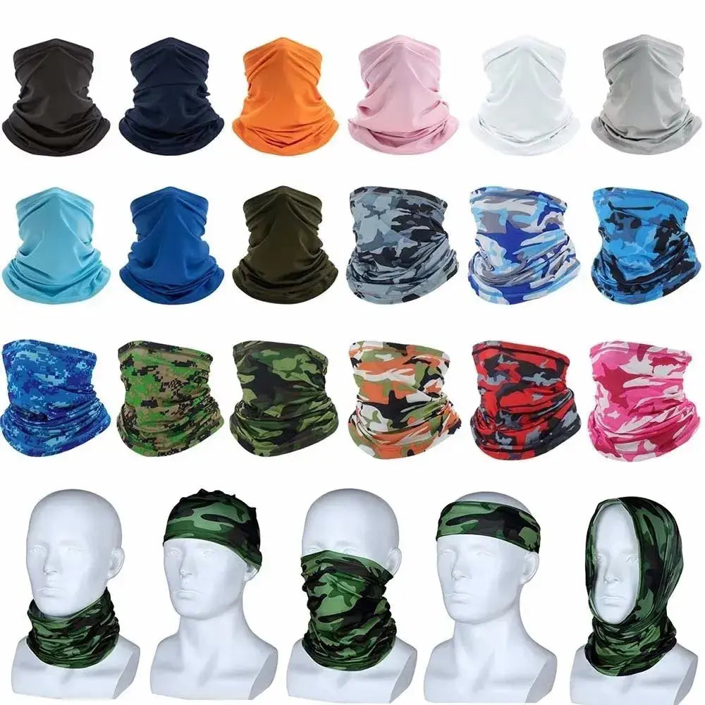 Collection of multi-purpose polyester riding scarves in various solid colors and camouflage patterns, shown styled as neck gaiters, headbands, and face masks on mannequins.