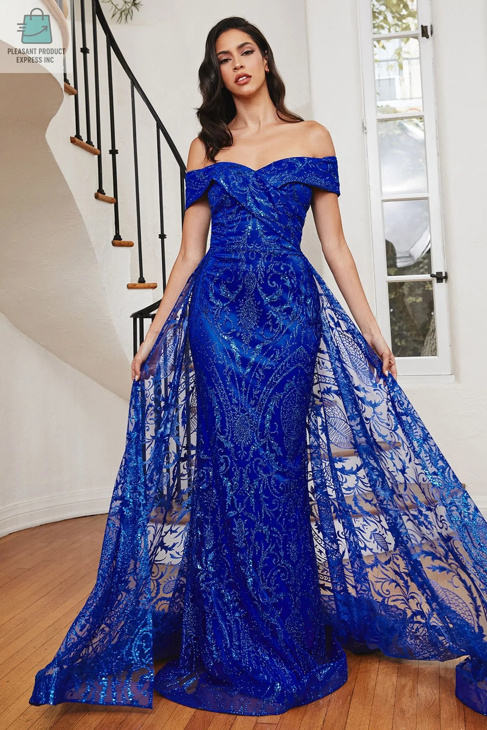 Off The Shoulder Lace Gown With Over Skirt-0