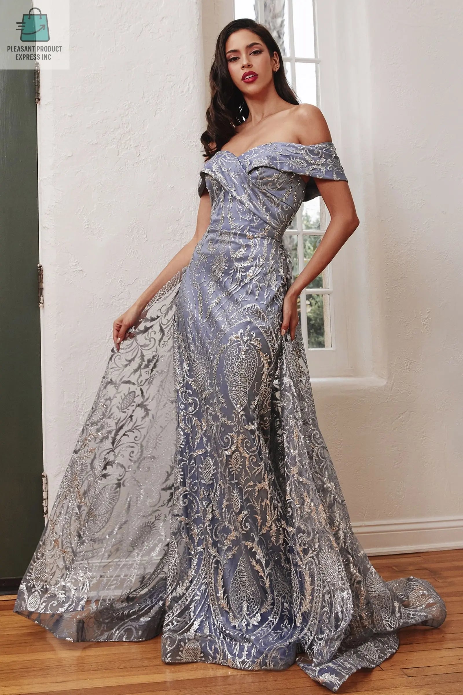 Off The Shoulder Lace Gown With Over Skirt-4