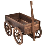 Outdoor Garden Fir Wood Barrel Planter Wagon on Wooden Wheels-0