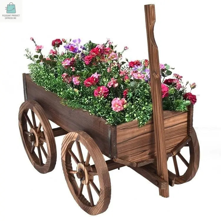 Outdoor Garden Fir Wood Barrel Planter Wagon on Wooden Wheels-2