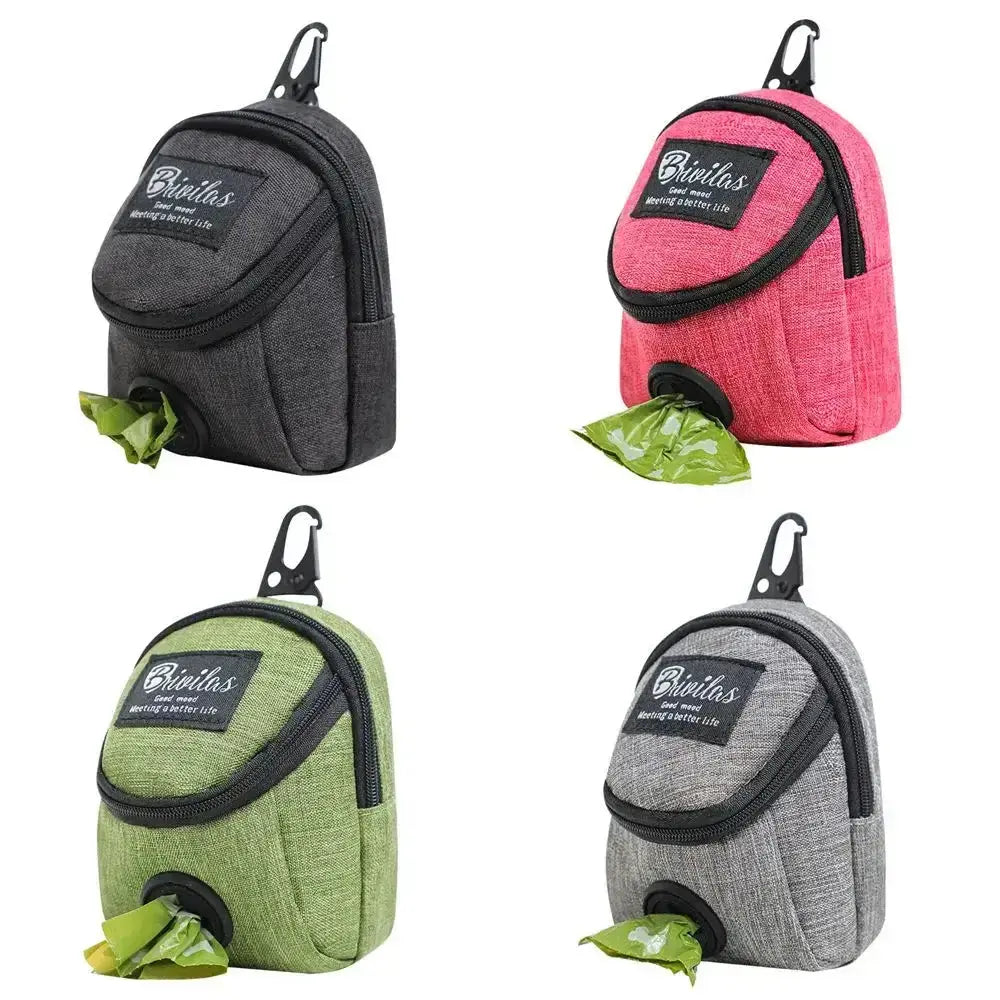 Portable eco-friendly dog training treat bags in various colors with belt clips for small dogs.