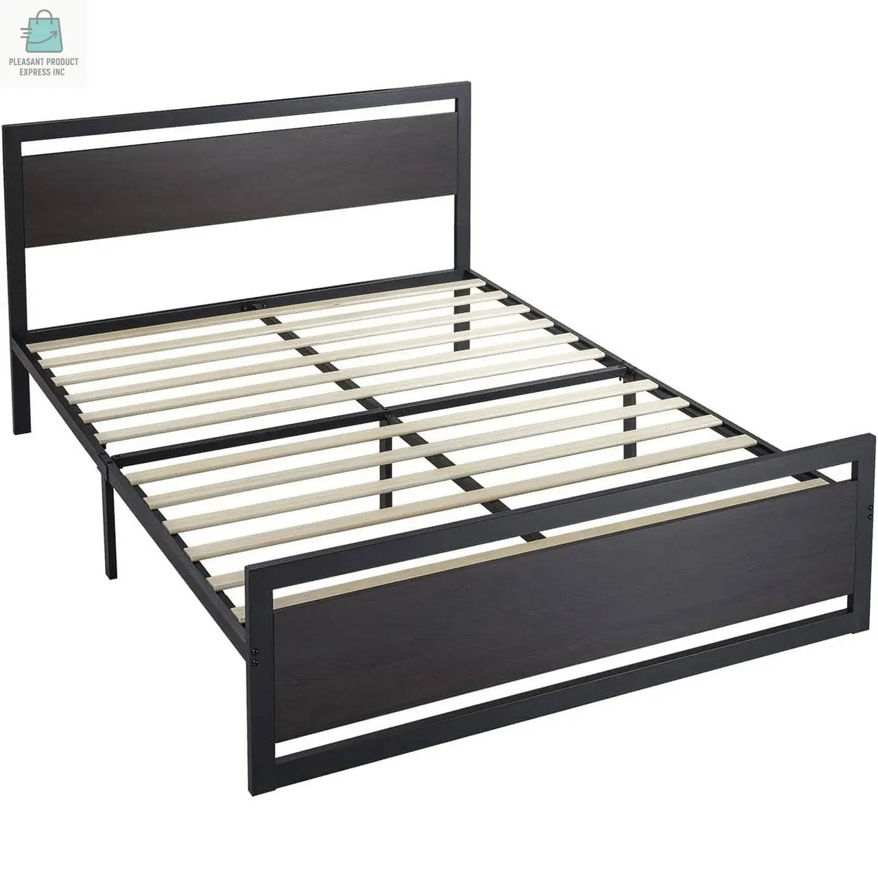 Queen Black Metal Platform Bed Frame with Wood Panel Headboard and Footboard-0
