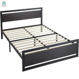 Queen Black Metal Platform Bed Frame with Wood Panel Headboard and Footboard-0