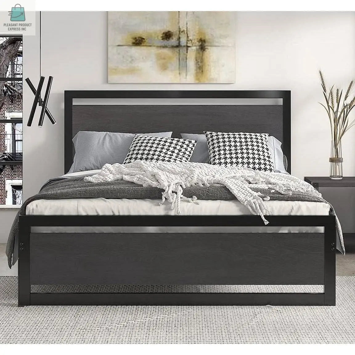 Queen Black Metal Platform Bed Frame with Wood Panel Headboard and Footboard-1