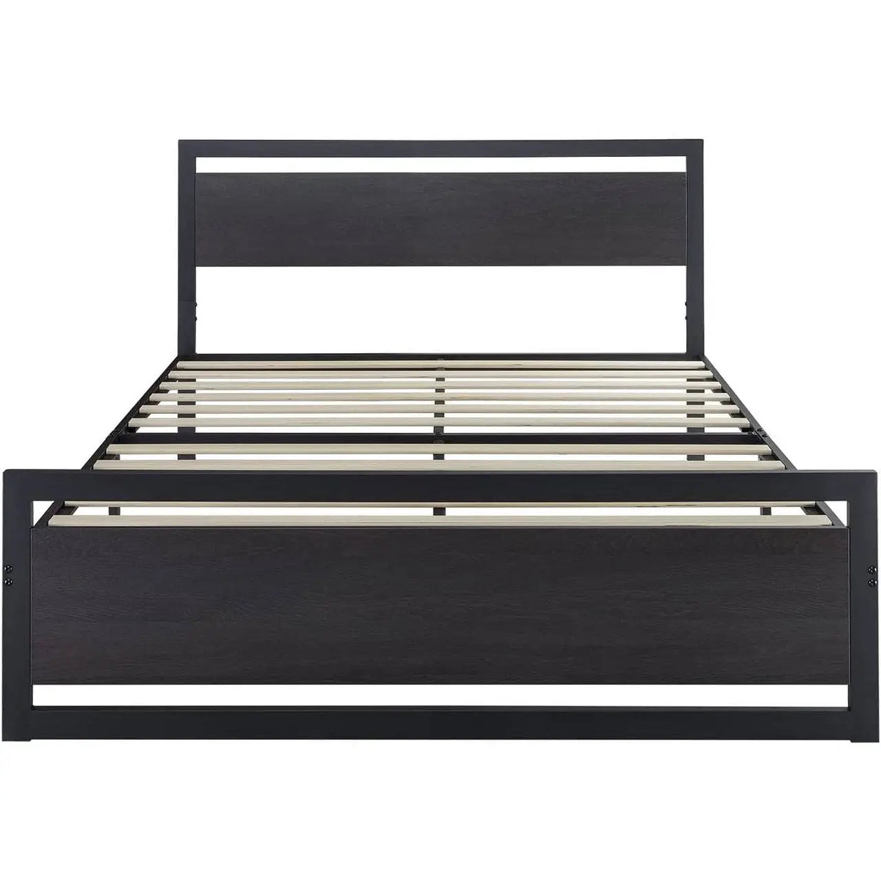 Queen Black Metal Platform Bed Frame with Wood Panel Headboard and Footboard-2