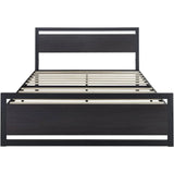 Queen Black Metal Platform Bed Frame with Wood Panel Headboard and Footboard-2