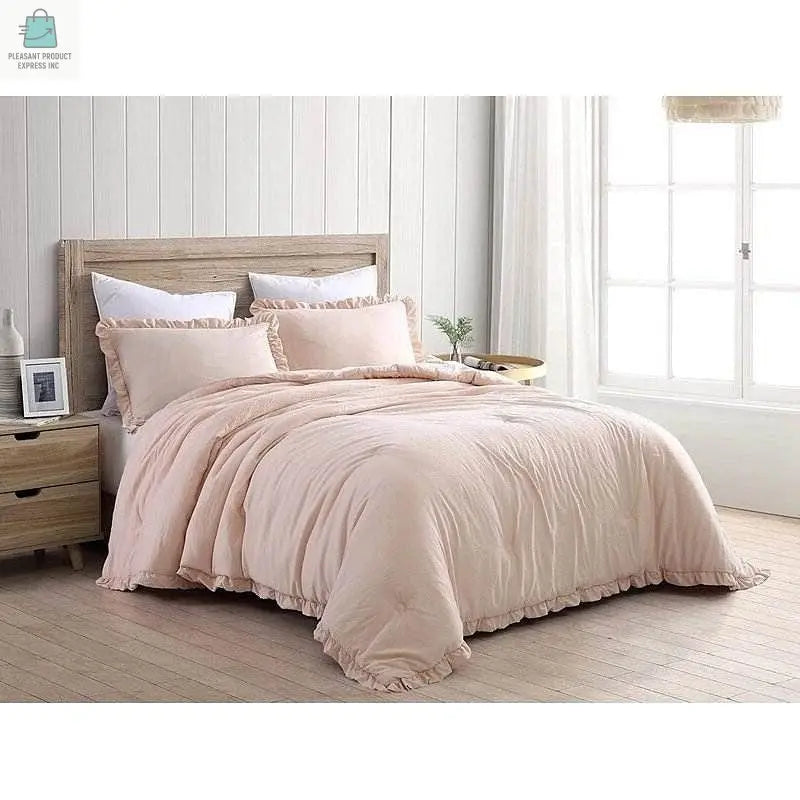 Queen Oversized Pink Ruffled Edge Microfiber Comforter Set-0