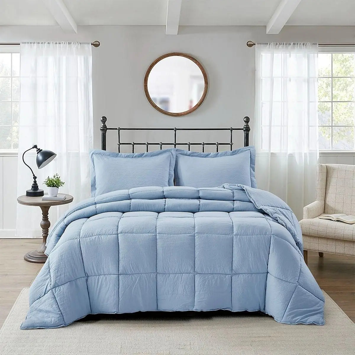 Queen Size Blue 3 Piece Microfiber Reversible Comforter Set-2