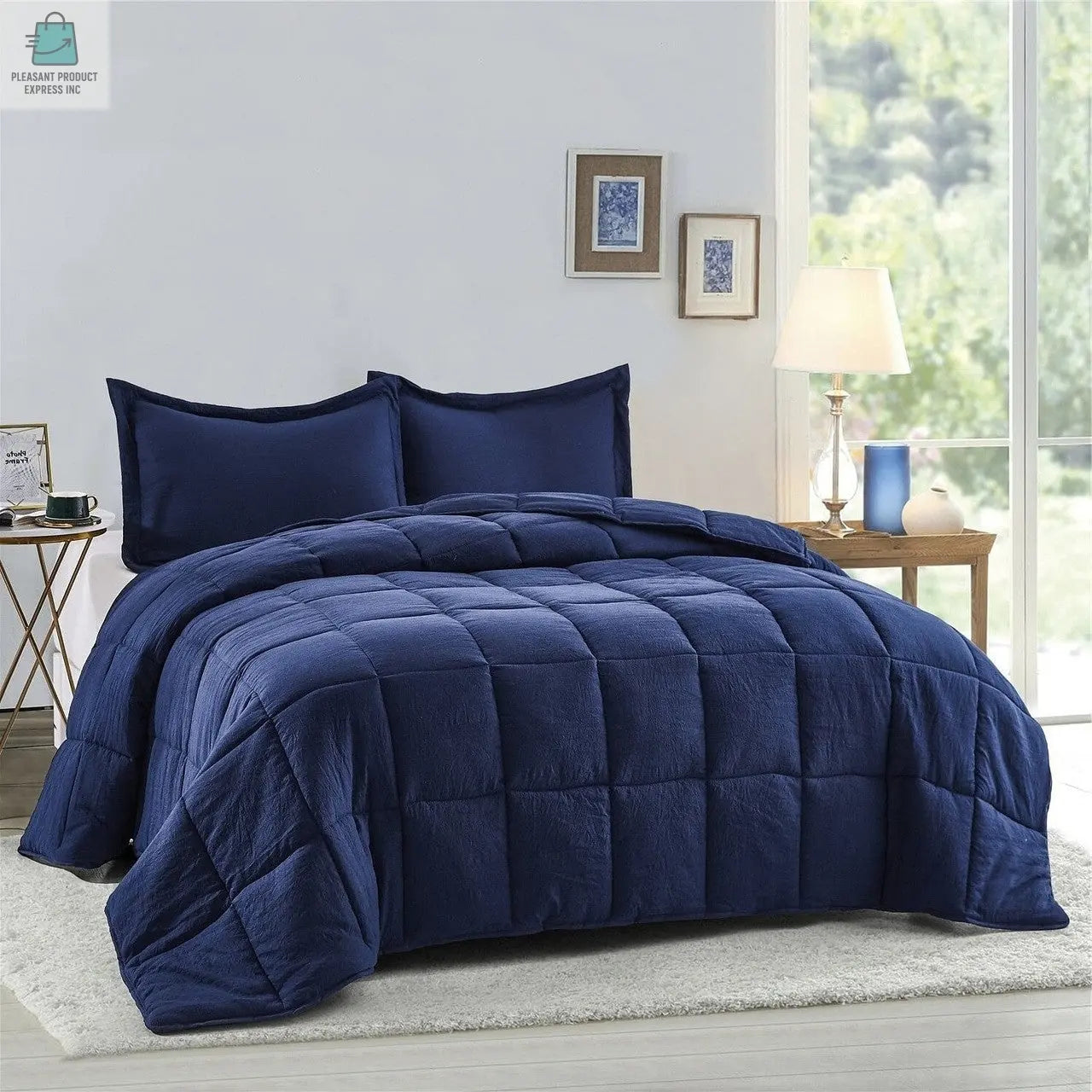 Queen Size Navy 3 Piece Microfiber Reversible Comforter Set-0