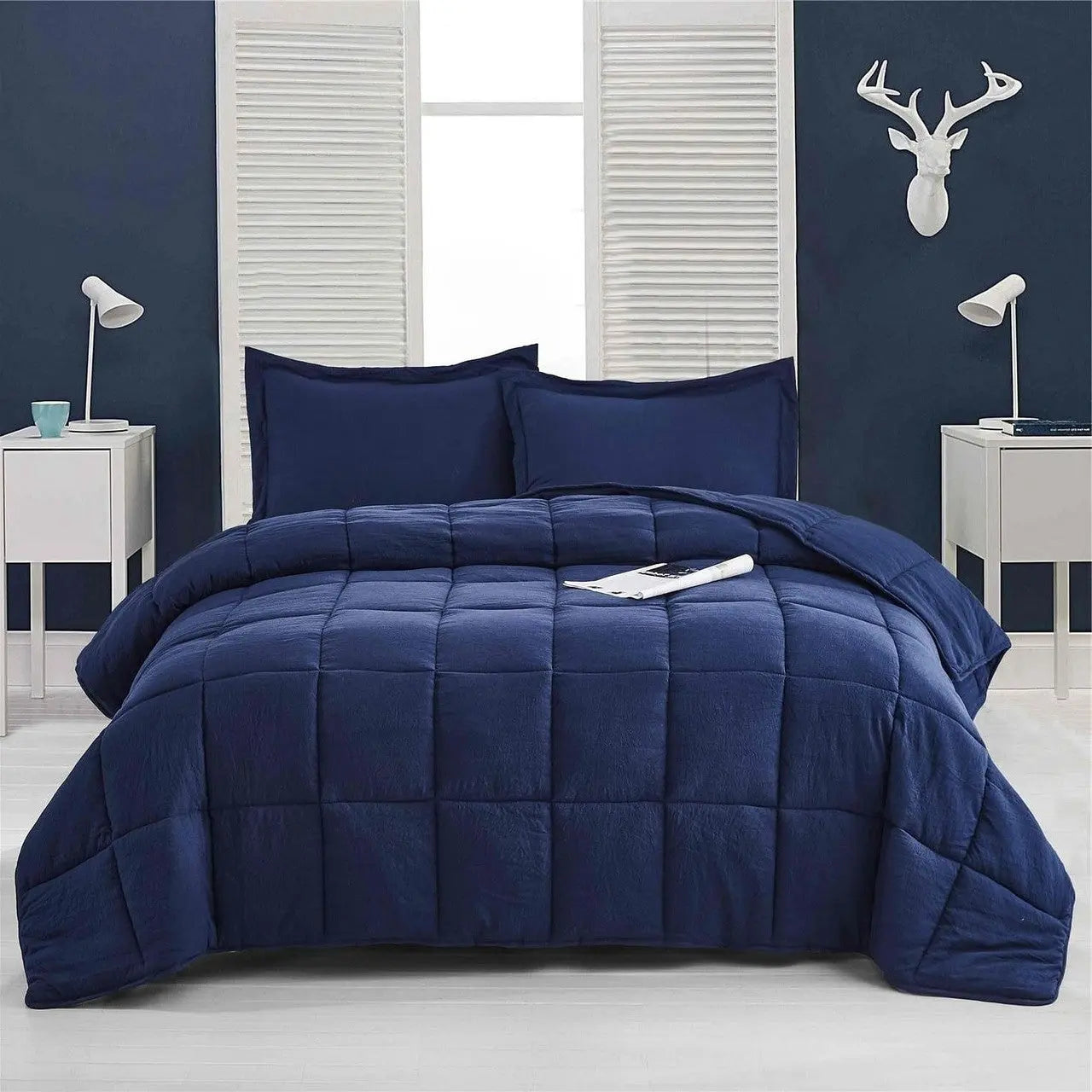 Queen Size Navy 3 Piece Microfiber Reversible Comforter Set-2