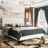 Queen White Faux Leather Upholstered Platform Bed with Button-Tufted Headboard-0