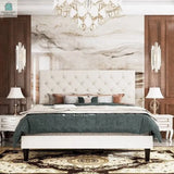 Queen White Faux Leather Upholstered Platform Bed with Button-Tufted Headboard-2