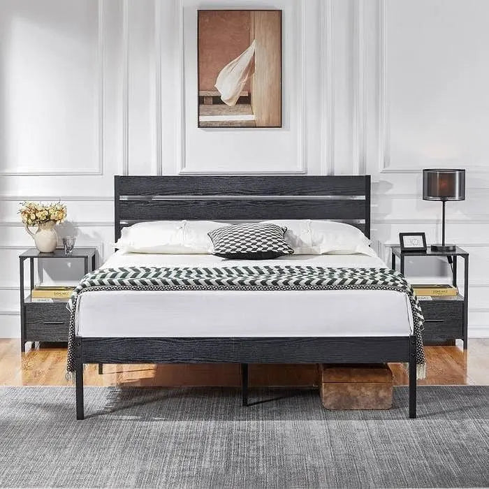 Queen size Industrial Platform Bed Frame with Wood Slatted Headboard in Black-0