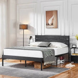 Queen size Industrial Platform Bed Frame with Wood Slatted Headboard in Black-2