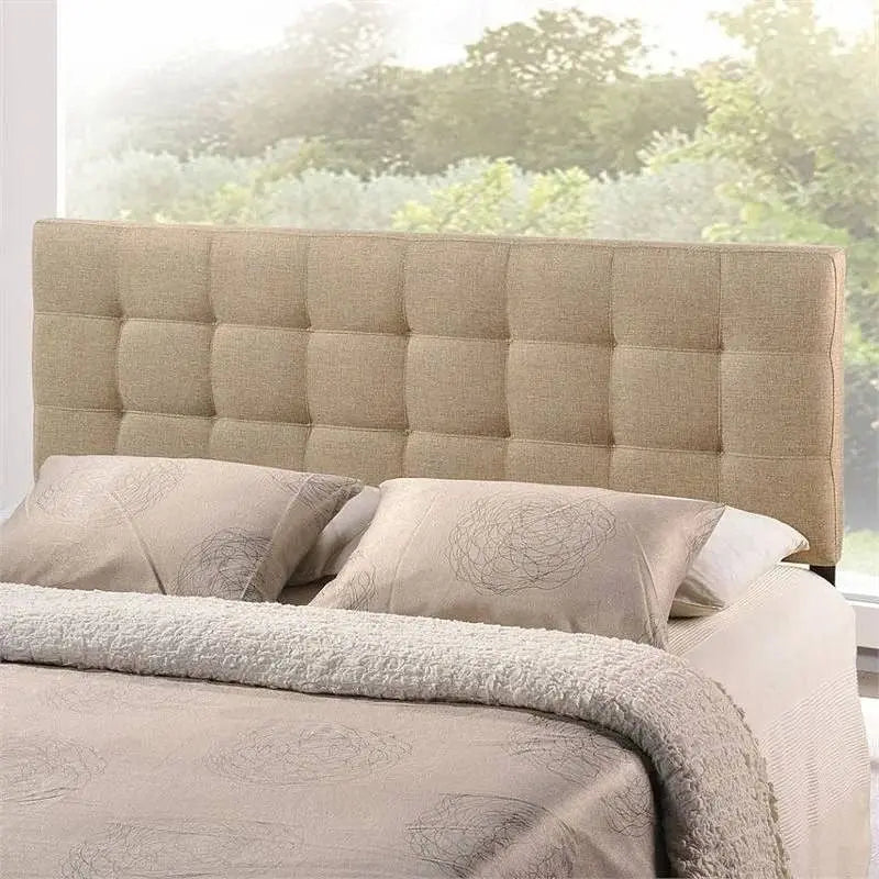 Queen size Modern Beige Tan Taupe Fabric Tufted Upholstered Headboard-0