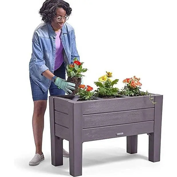 Rectangular Plastic Raised Garden Bed Planter Box - Dark Grey Cedar Wood Finish-0