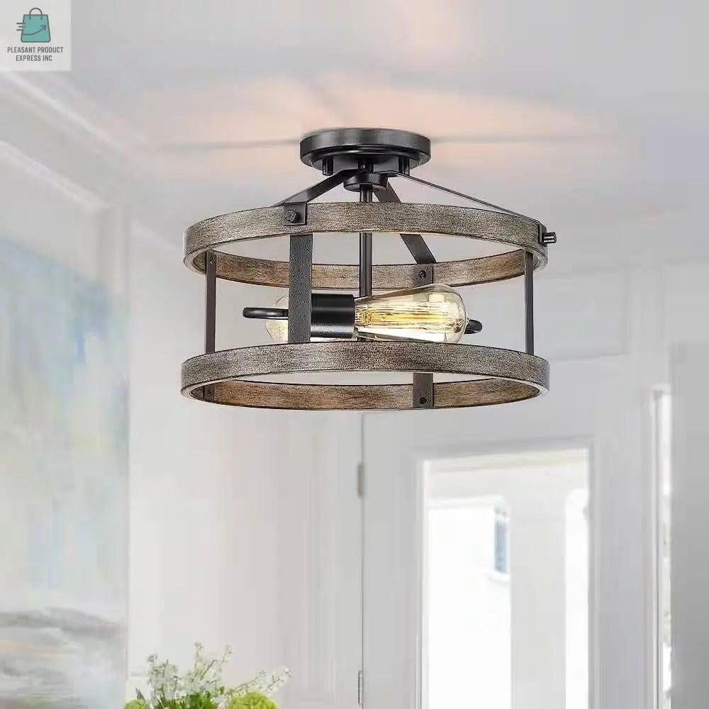Round 13-inch Metal Wood Farmhouse 2-Light Ceiling Lamp - Semi-Flush Mount-0