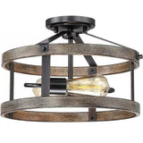Round 13-inch Metal Wood Farmhouse 2-Light Ceiling Lamp - Semi-Flush Mount-2