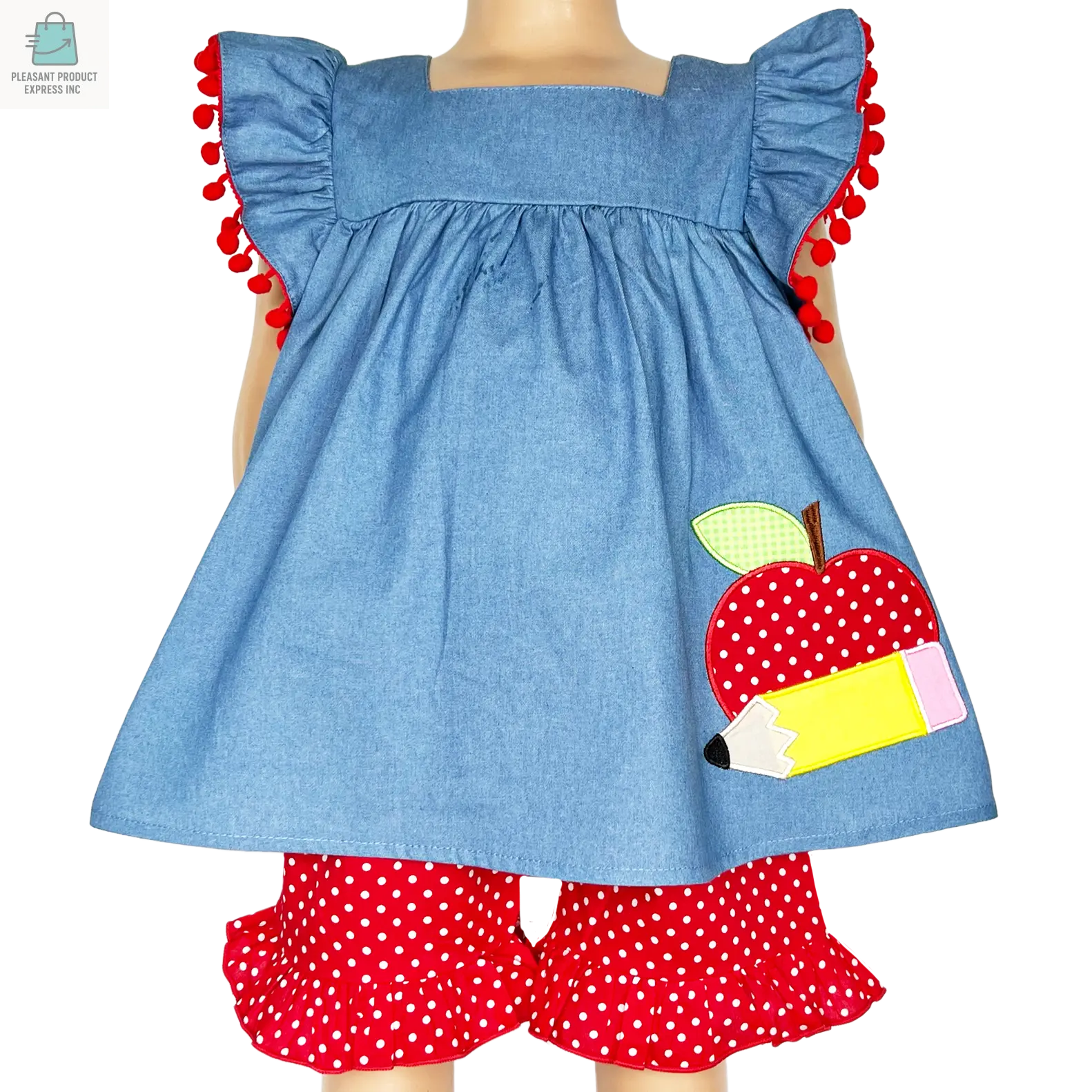 Girls blue chambray top with red polka dot ruffle shorts featuring apple and pencil applique for back to school outfit