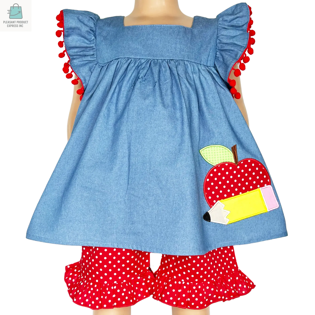 Girls blue chambray top with red polka dot ruffle shorts featuring apple and pencil applique for back to school outfit