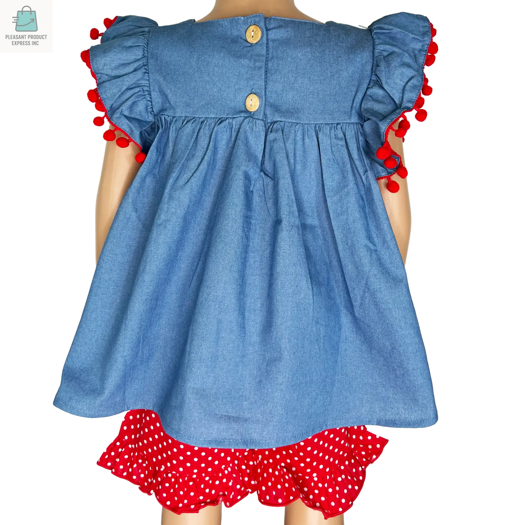 Girls Blue Chambray Apple top with Red polka Dot Ruffle Shorts Back to School-2