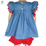 Girls Blue Chambray Apple top with Red polka Dot Ruffle Shorts Back to School-2