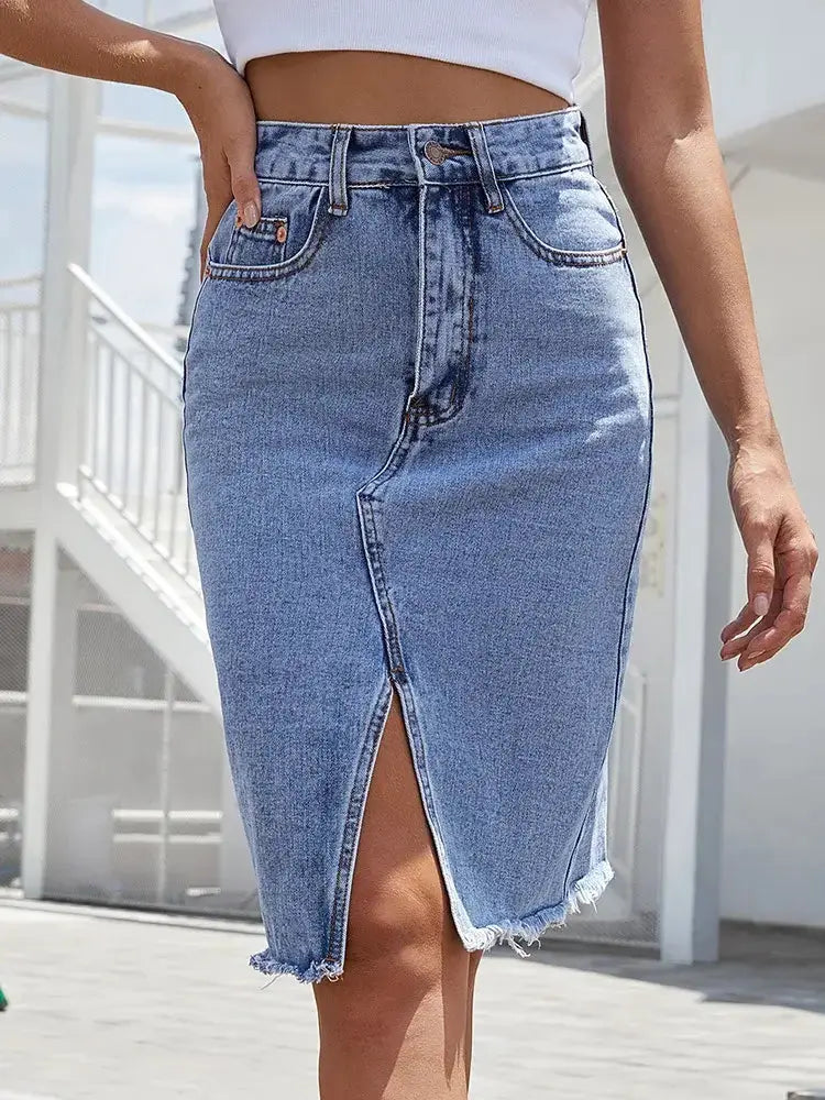 Women  Zipper Fly Raw Hem Split Denim Skirt Pleasant Product Express Inc