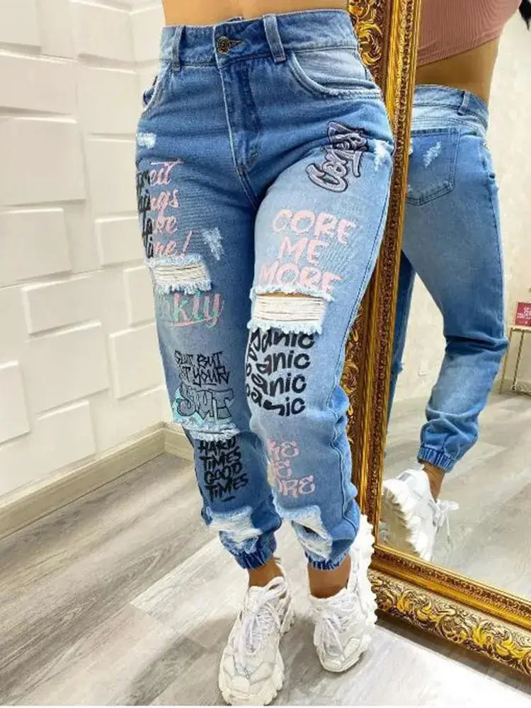 Streetwear Hip Hop Letter Print Ripped Jeans Women Fashion Pleasant Product Express Inc