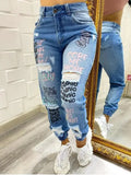 Streetwear Hip Hop Letter Print Ripped Jeans Women Fashion Pleasant Product Express Inc