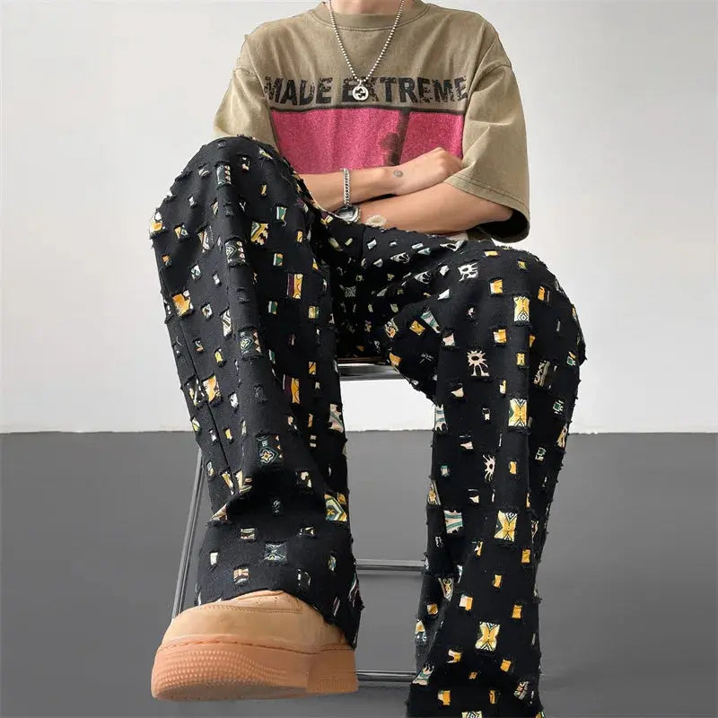 Men's Casual Trousers Hole Plaid Patchwork Pants High Waist Pockets Pleasant Product Express Inc
