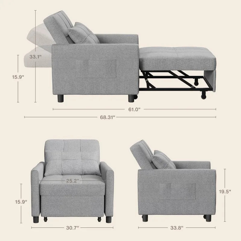 Sleeper Sofa Chair Bed, Convertible Sofa Chair 3-in-1, Adjustable Sleeper Chair Pullout Sofa Bed