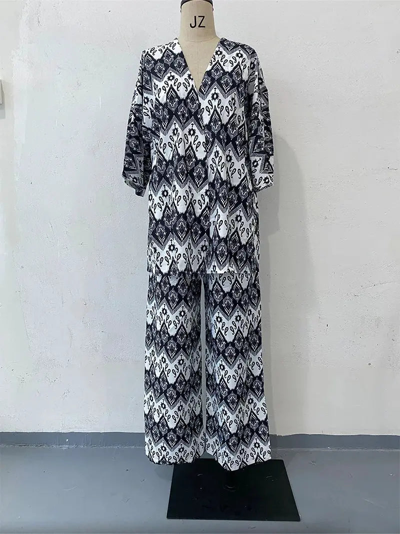 Two Piece Sets Print Pant Cardigan V Neck Half Sleeve Shirt Pleasant Product Express Inc