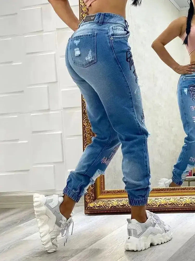 Streetwear Hip Hop Letter Print Ripped Jeans Women Fashion Pleasant Product Express Inc