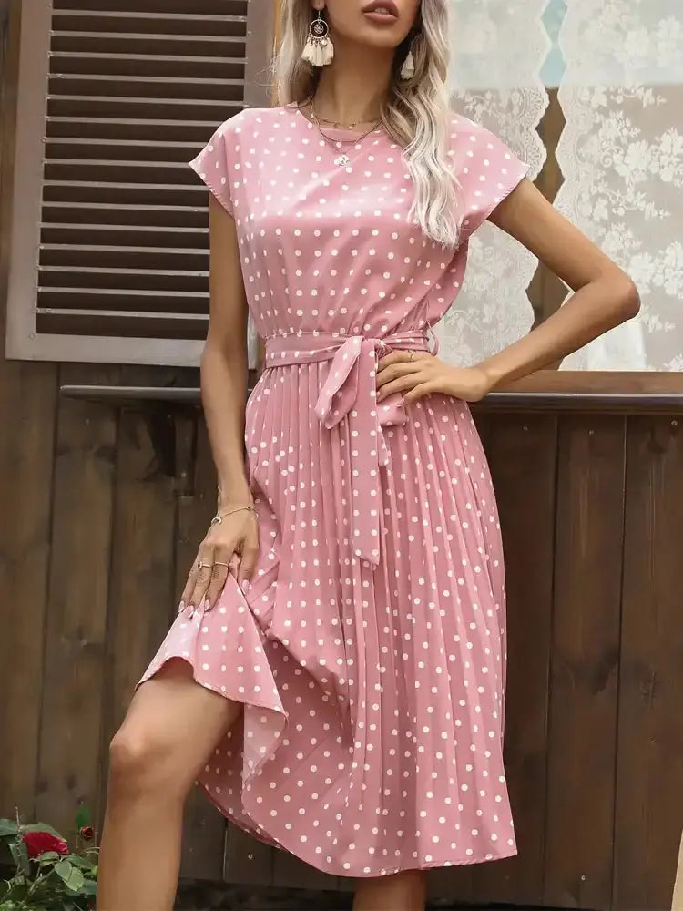 O Neck Polka Dot Summer Dresses Cap Sleeve Women Knee Length Pleasant Product Express Inc