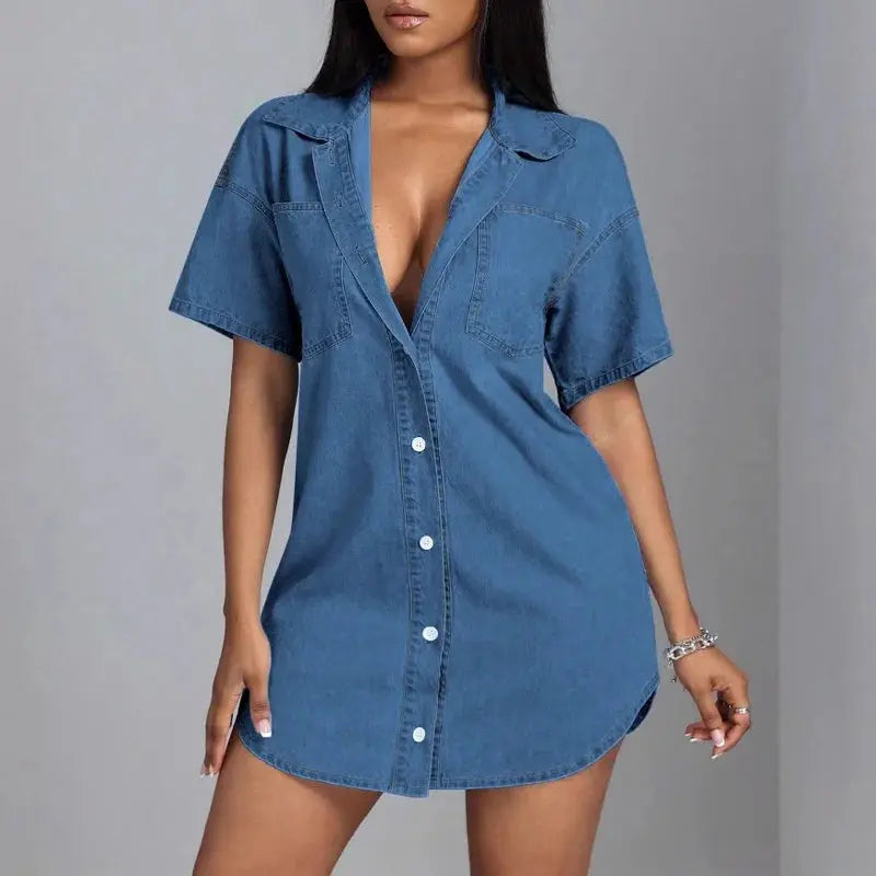 Turn-down Collar Single Breasted Denim Shirt Dress Pleasant Product Express Inc