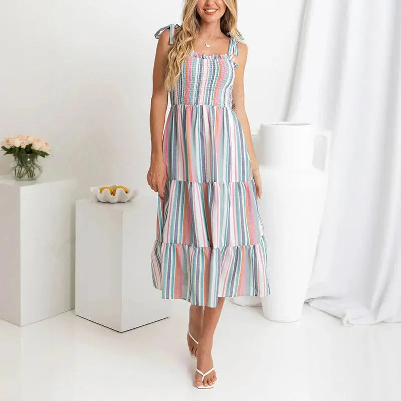 Striped Tie Shoulder Ruffle Hem Dress  High Waist  Long Dresses with Pocket Pleasant Product Express Inc